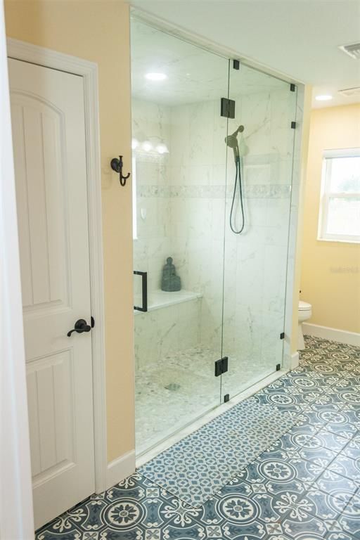 Bathroom, Glass Shower, Interior, Marble Walls, Recessed Lighting