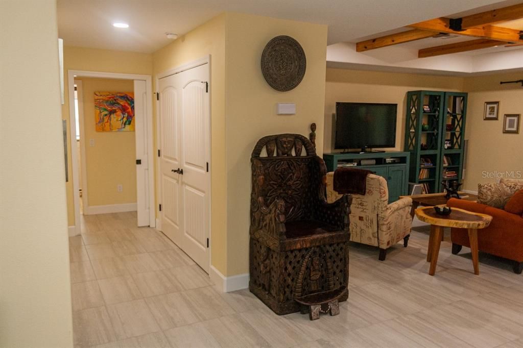 Interior, Living room, Recessed Lighting, Wooden Beams