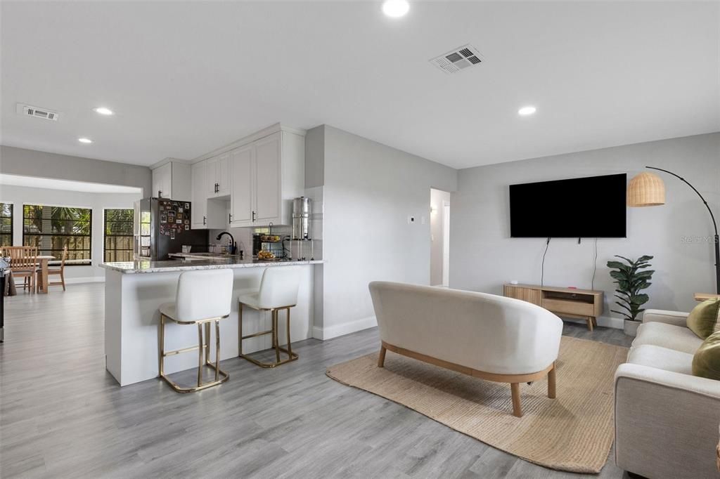 Dining room, Interior, Kitchen, Living room, Recessed Lighting, Wood Texture Flooring