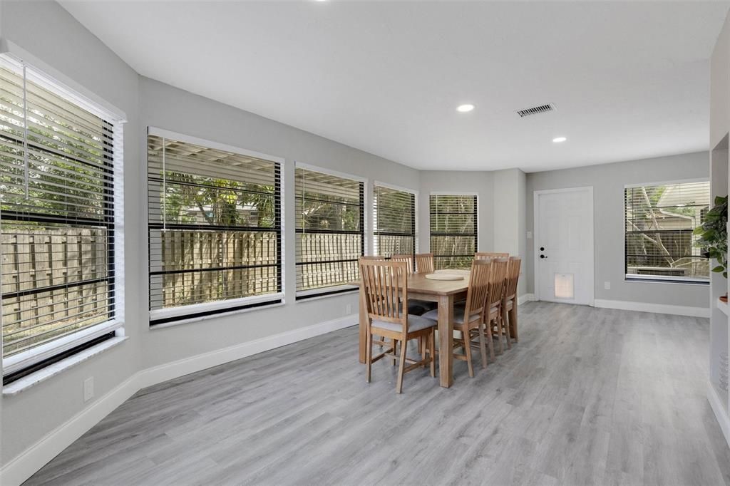 Dining room, Interior, Recessed Lighting, Wood Texture Flooring