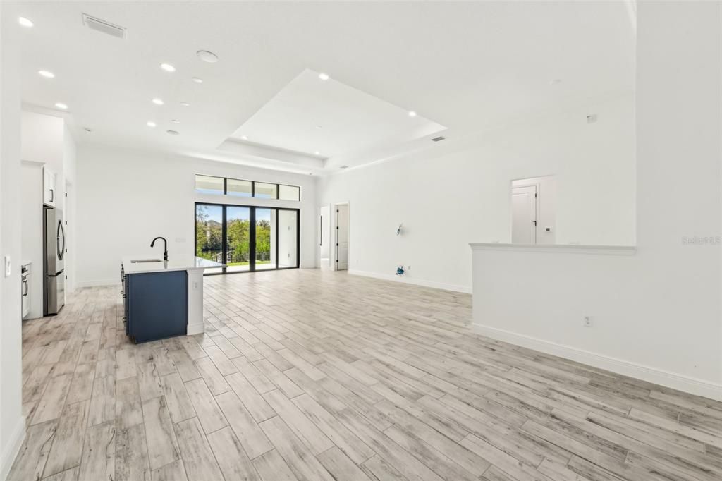 Empty room, Interior, Kitchen, Recessed Lighting, Wood Texture Flooring