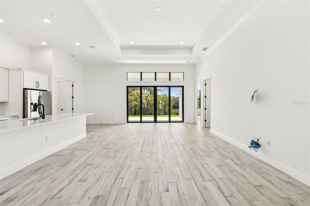 Empty room, Interior, Kitchen, Recessed Lighting, Wood Texture Flooring