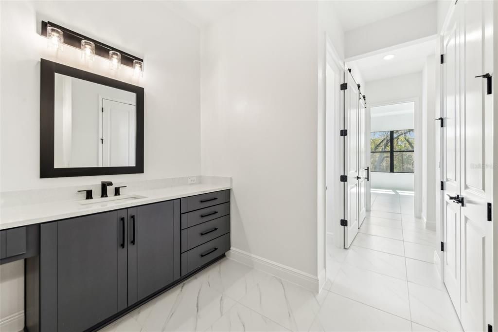 Bathroom, Dual Sink Vanities, Interior, Marble, Recessed Lighting