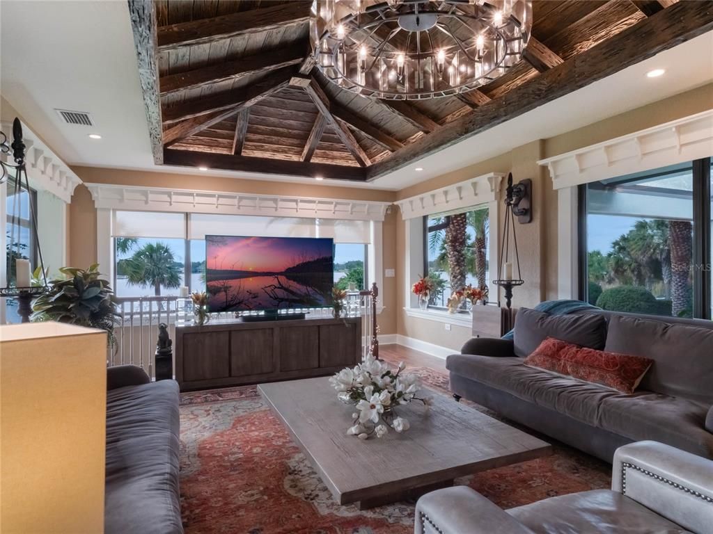 Chandelier, Interior, Living room, Recessed Lighting, Wooden Beams, Wooden Ceilings