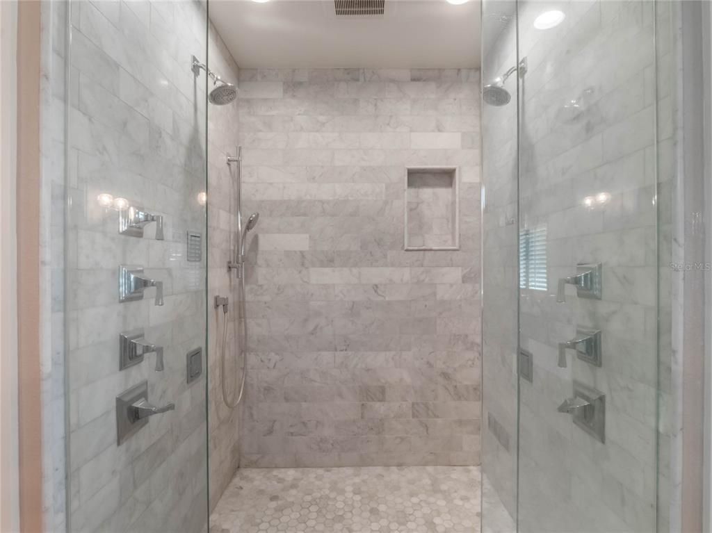 Bathroom, Glass Shower, Interior, Marble Walls, Recessed Lighting