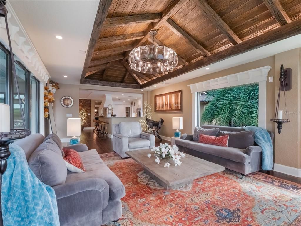 Chandelier, Interior, Living room, Recessed Lighting, Wooden Beams, Wooden Ceilings, Wood Texture Flooring