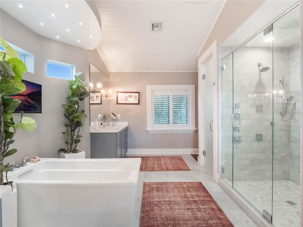 Bathroom, Dual Sink Vanities, Glass Shower, Interior, Recessed Lighting