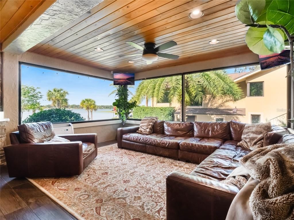 Interior, Living room, Recessed Lighting, Water, Wooden Ceilings, Wood Texture Flooring
