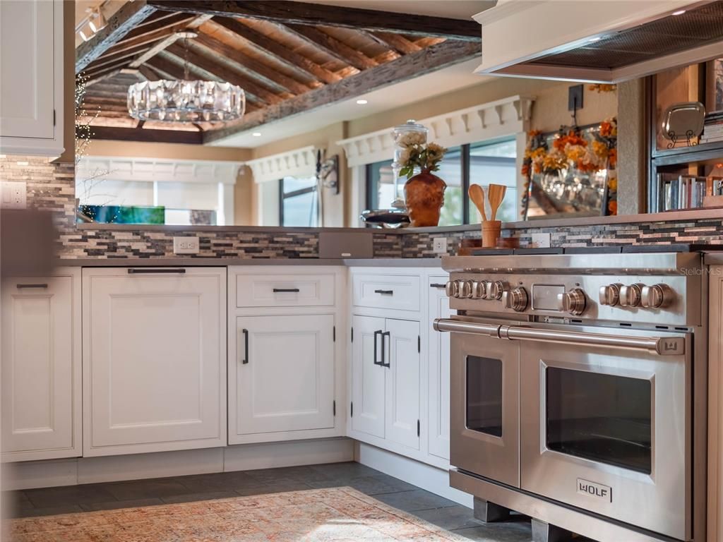 Chandelier, Interior, Kitchen, Recessed Lighting, Stainless Steel Appliances, Wooden Beams, Wooden Ceilings