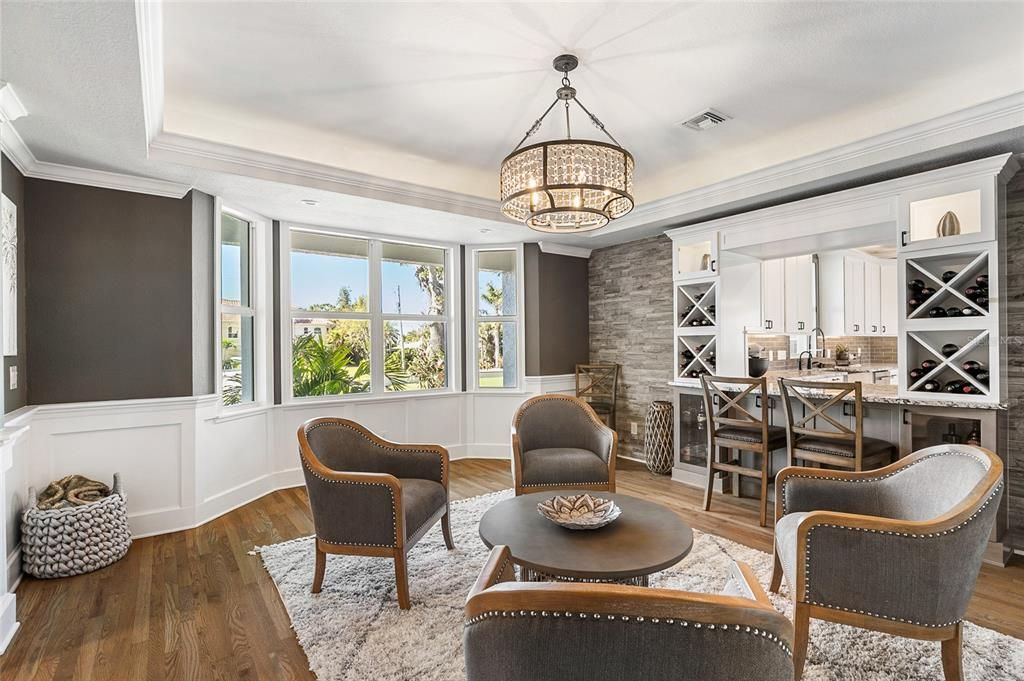 Chandelier, Dining room, Interior, Stone Walls, Wood Texture Flooring