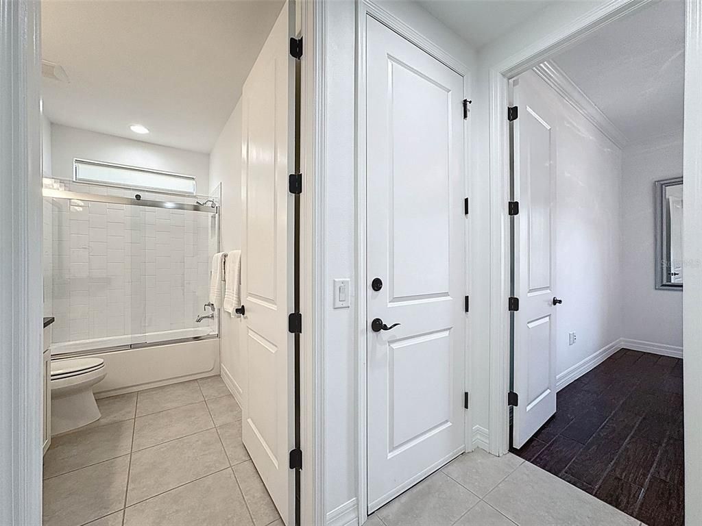 Bathroom, Glass Shower, Interior, Recessed Lighting, Wood Texture Flooring
