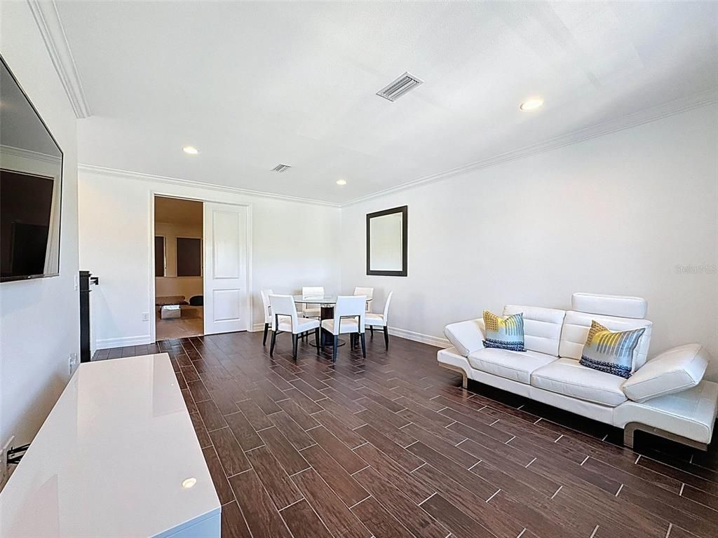 Dining room, Interior, Living room, Recessed Lighting, Wood Texture Flooring