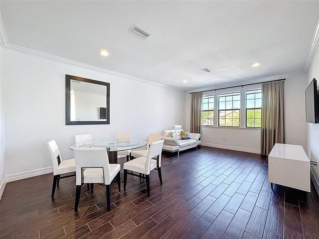 Dining room, Interior, Recessed Lighting, Wood Texture Flooring