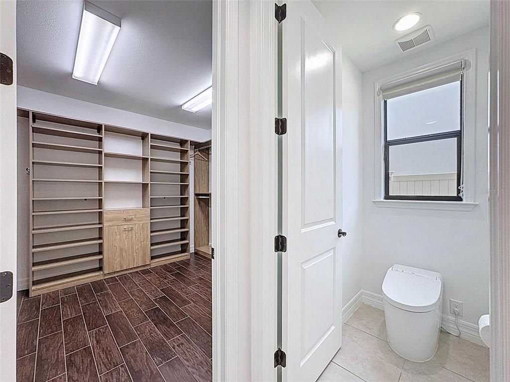 Bathroom, Interior, Recessed Lighting, Walk-in Closets, Wood Texture Flooring
