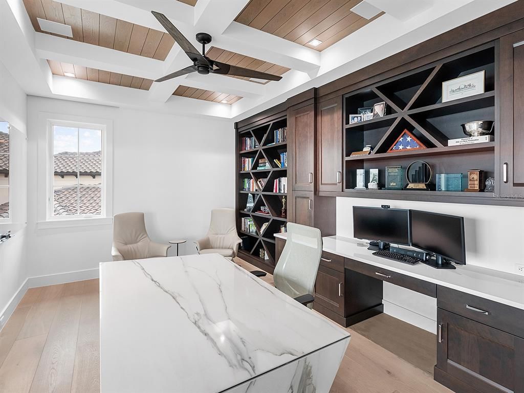 Home Office, Interior, Recessed Lighting, Wooden Ceilings, Wood Texture Flooring