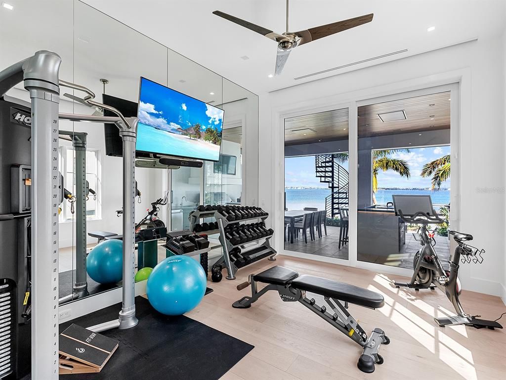 Fitness Equipment, Interior, Recessed Lighting, Water, Wood Texture Flooring