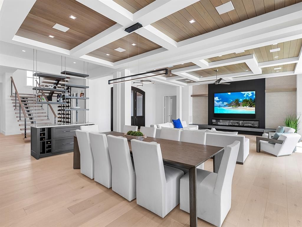 Dining room, Fireplace, Interior, Living room, Pendant Lights, Recessed Lighting, Wooden Ceilings, Wood Texture Flooring