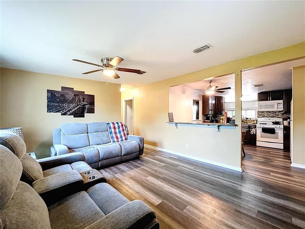 Interior, Kitchen, Living room, Stainless Steel Appliances, Wood Texture Flooring