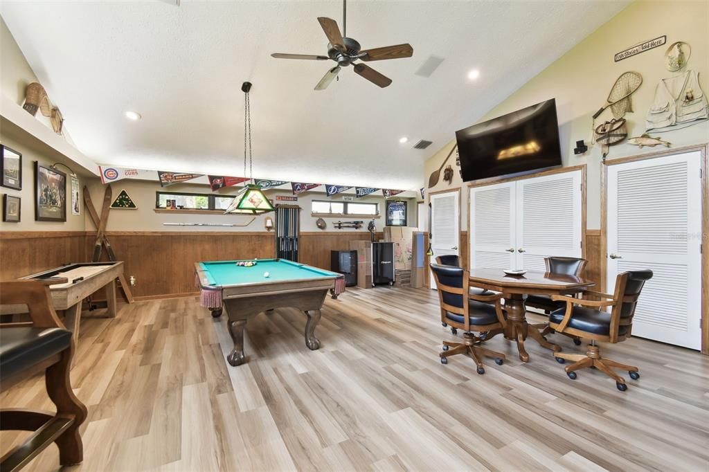 Billiard Table, Game Room, Home Office, Interior, Pendant Lights, Recessed Lighting, Wood Texture Flooring