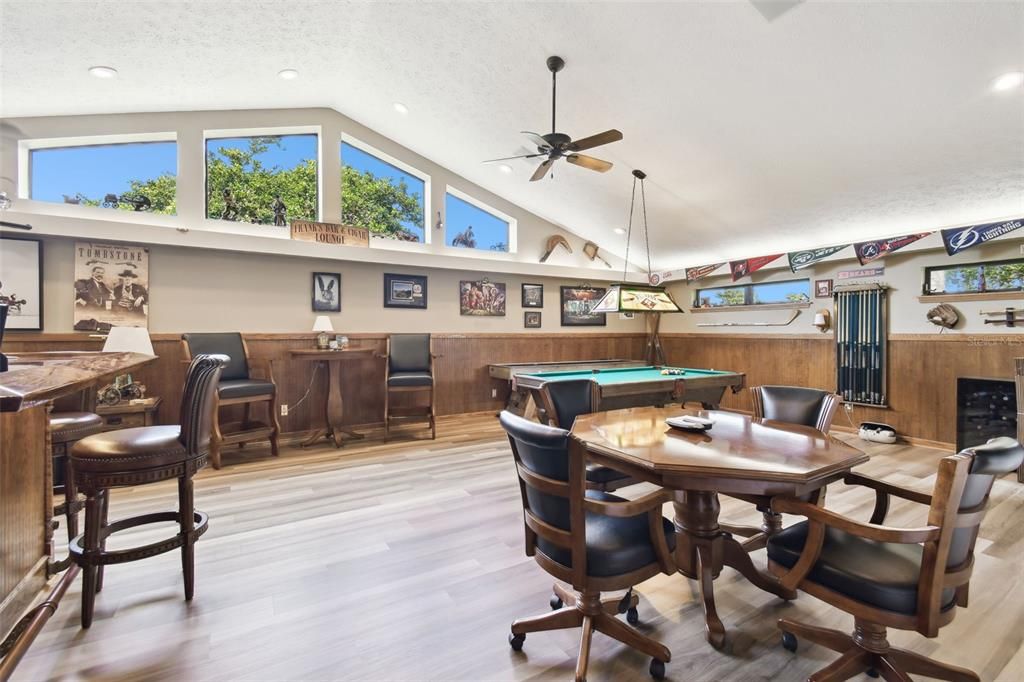 Billiard Table, Game Room, Interior, Pendant Lights, Recessed Lighting, Wood Texture Flooring