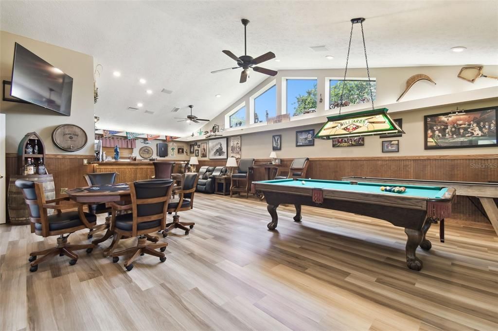 Billiard Table, Game Room, Interior, Pendant Lights, Recessed Lighting, Wood Texture Flooring