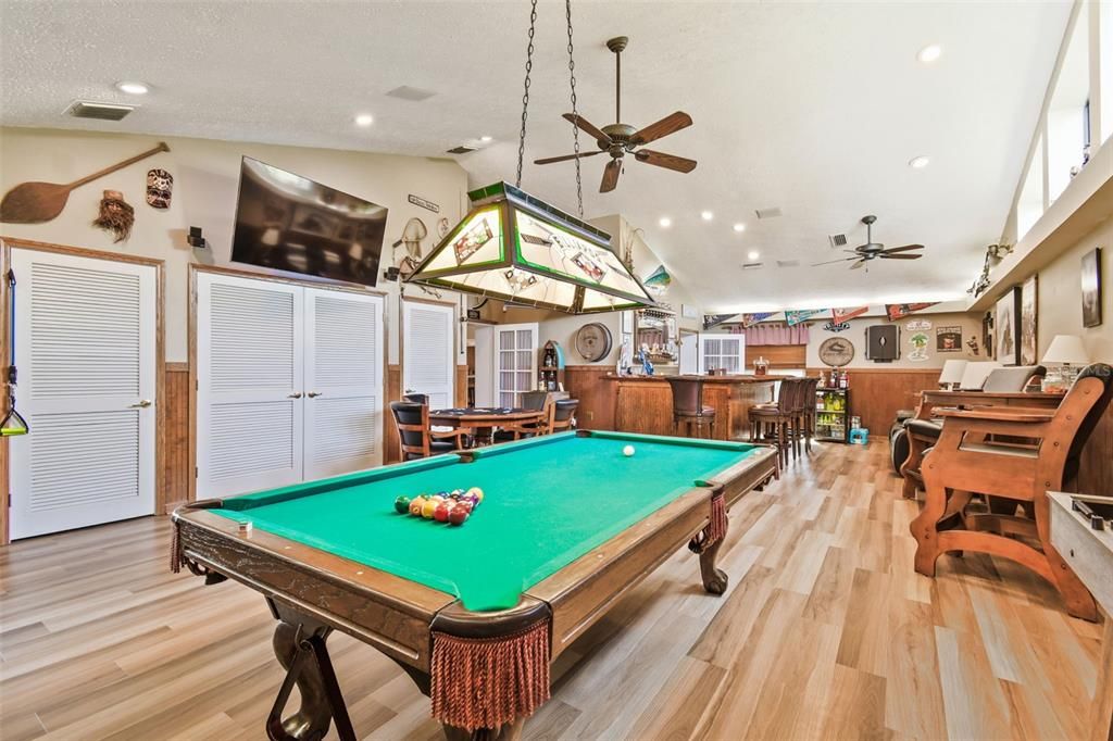 Billiard Table, Game Room, Interior, Pendant Lights, Recessed Lighting, Wood Texture Flooring
