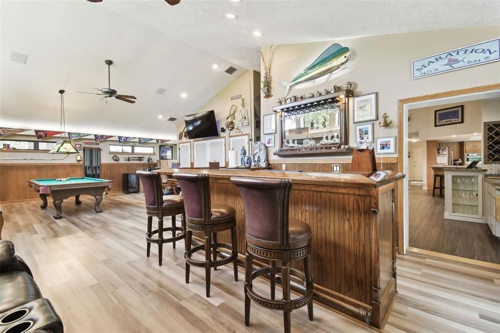 Billiard Table, Game Room, Interior, Pendant Lights, Recessed Lighting, Wood Texture Flooring