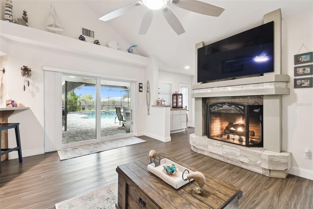 Fireplace, Interior, Recessed Lighting, Wood Texture Flooring