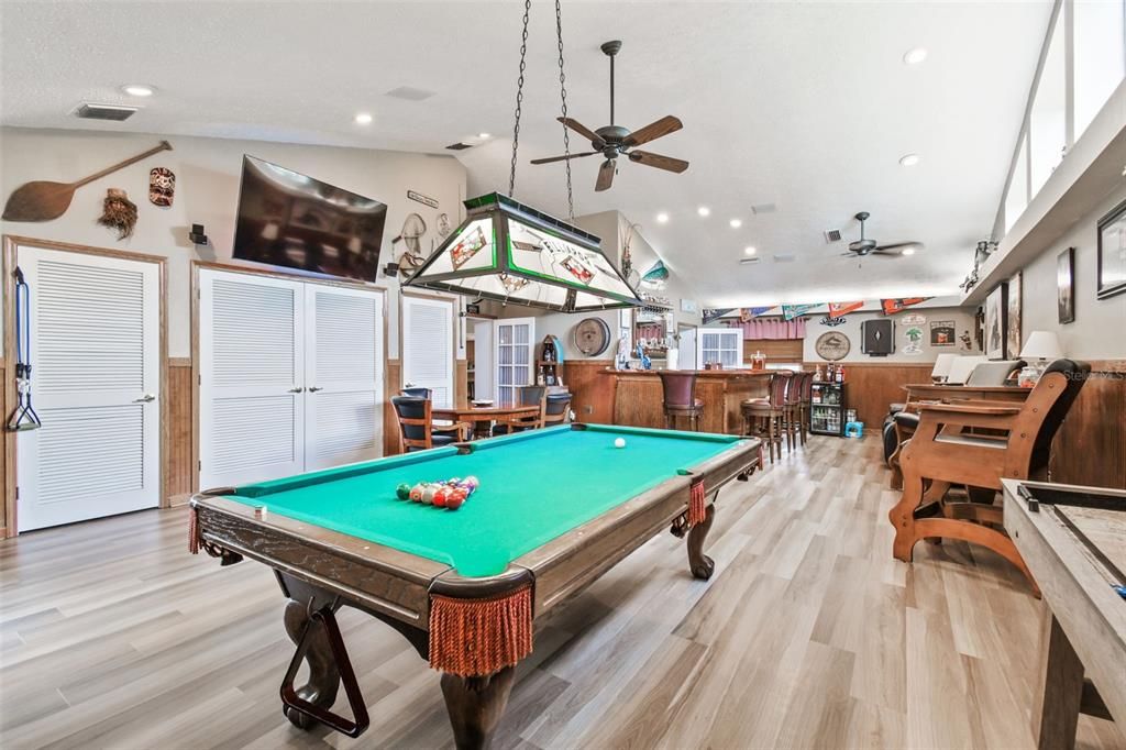 Billiard Table, Game Room, Interior, Pendant Lights, Recessed Lighting, Wood Texture Flooring