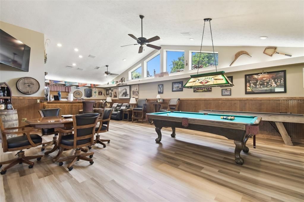 Billiard Table, Game Room, Interior, Pendant Lights, Recessed Lighting, Wood Texture Flooring
