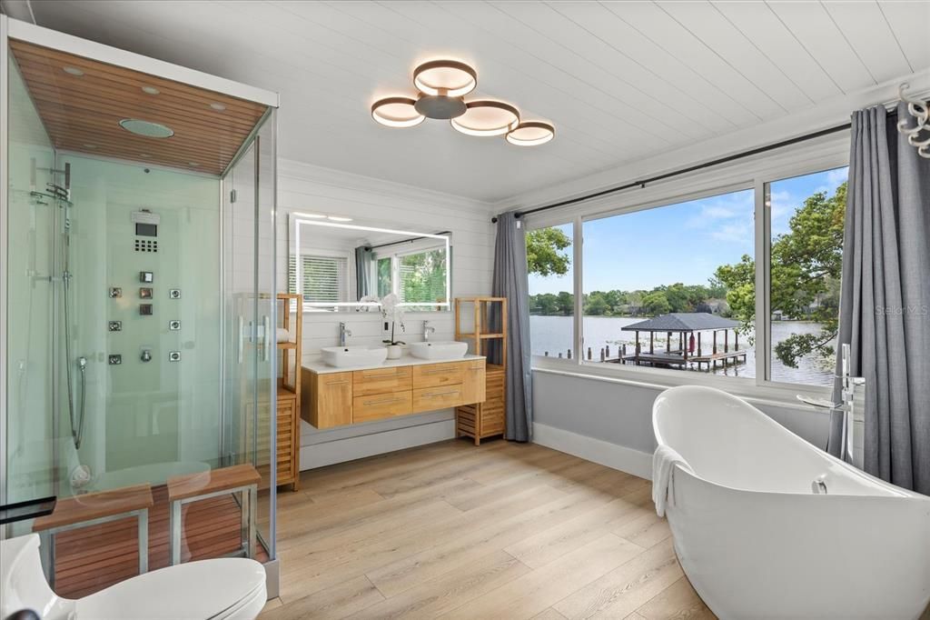Bathroom, Free Standing Baths, Glass Shower, Interior, Water, Wood Texture Flooring