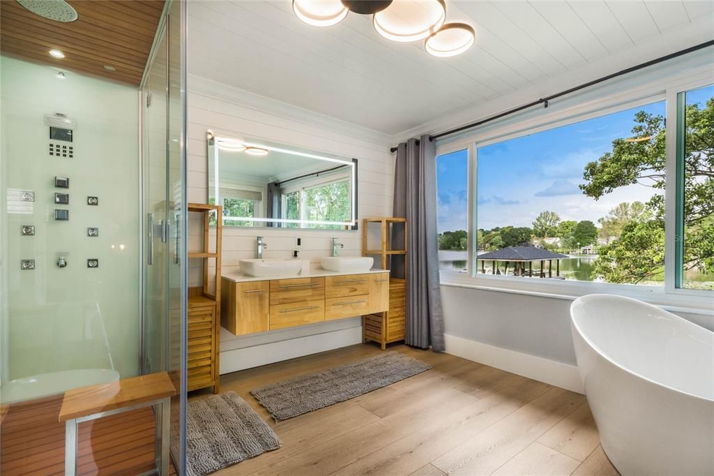 Bathroom, Free Standing Baths, Glass Shower, Interior, Recessed Lighting, Wooden Ceilings, Wood Texture Flooring