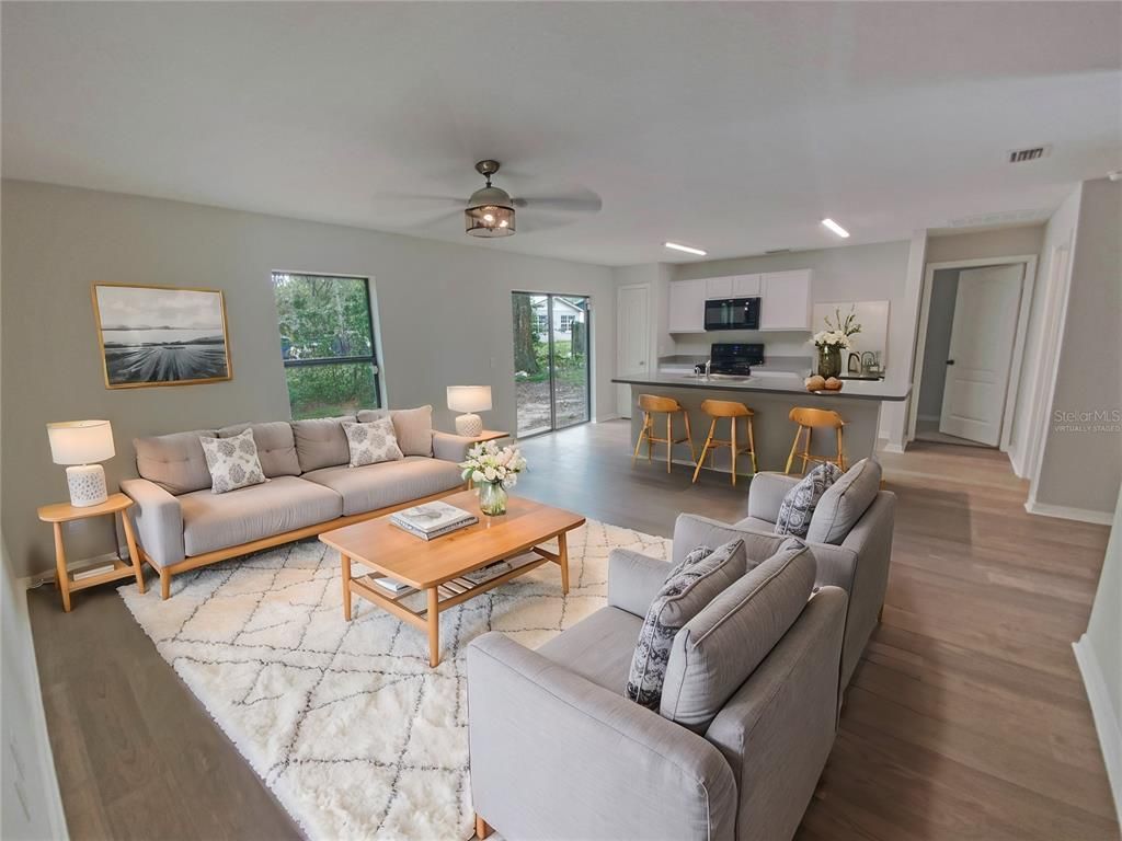 Interior, Kitchen, Living room, Recessed Lighting, Stainless Steel Appliances, Wood Texture Flooring