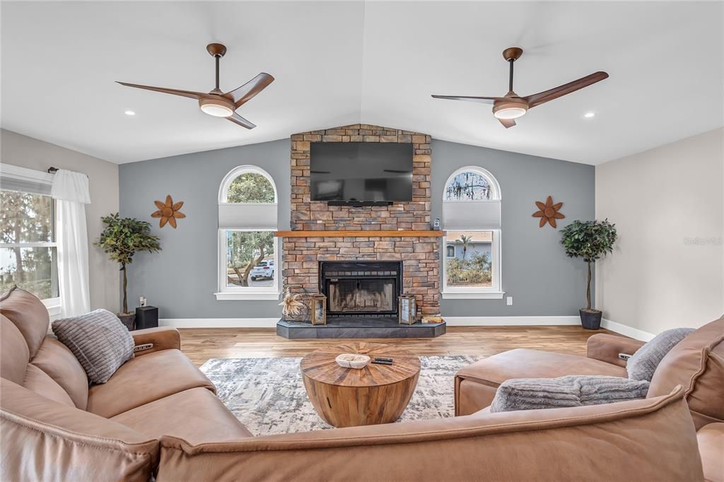 Fireplace, Interior, Living room, Recessed Lighting, Wood Texture Flooring