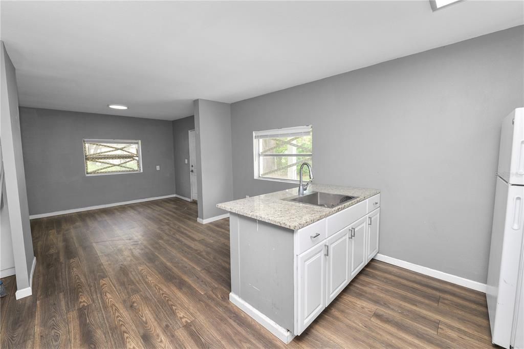 Empty room, Interior, Kitchen, Recessed Lighting, Wood Texture Flooring