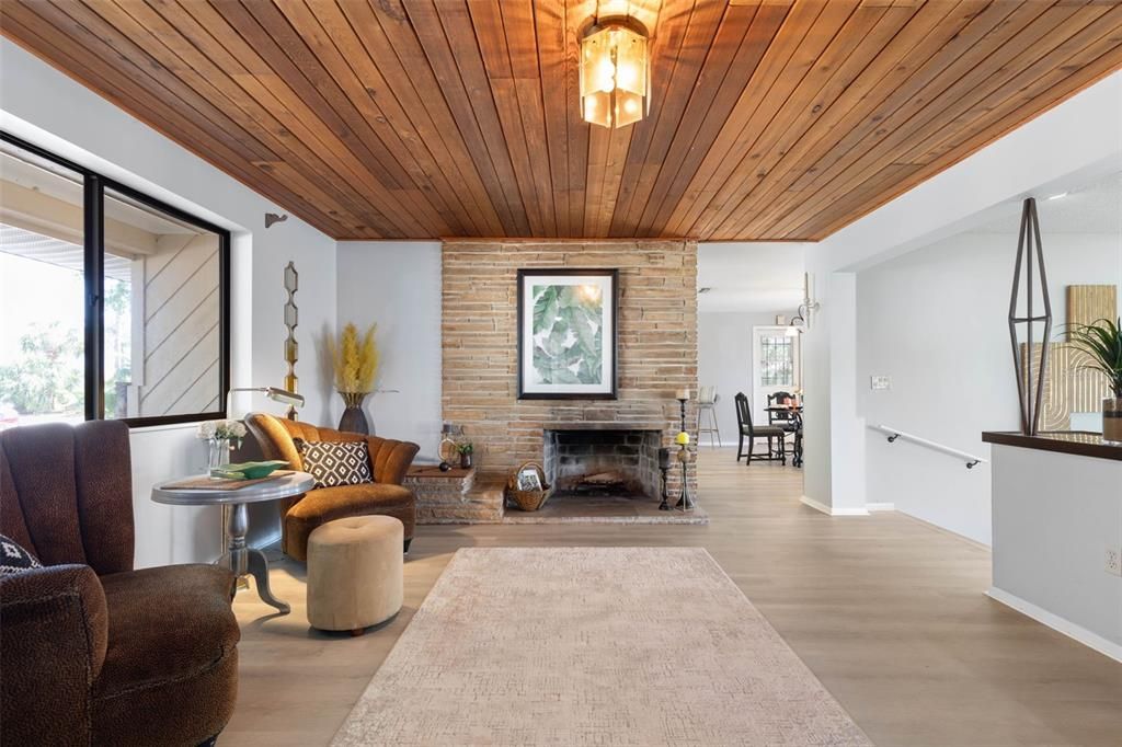Dining room, Fireplace, Interior, Living room, Stone Walls, Wooden Ceilings, Wood Texture Flooring