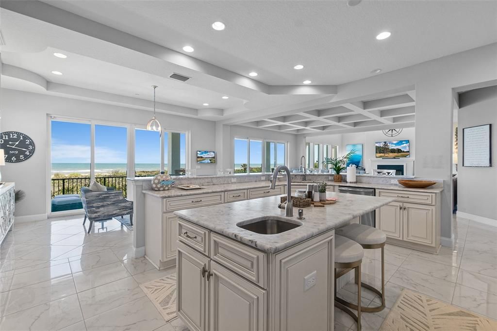 Interior, Kitchen, Marble, Pendant Lights, Recessed Lighting, Stainless Steel Appliances, Water