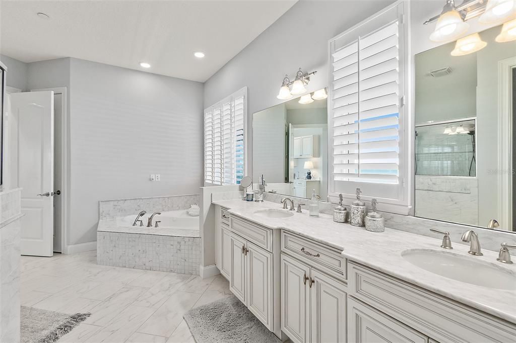 Bathroom, Dual Sink Vanities, Interior, Marble, Recessed Lighting