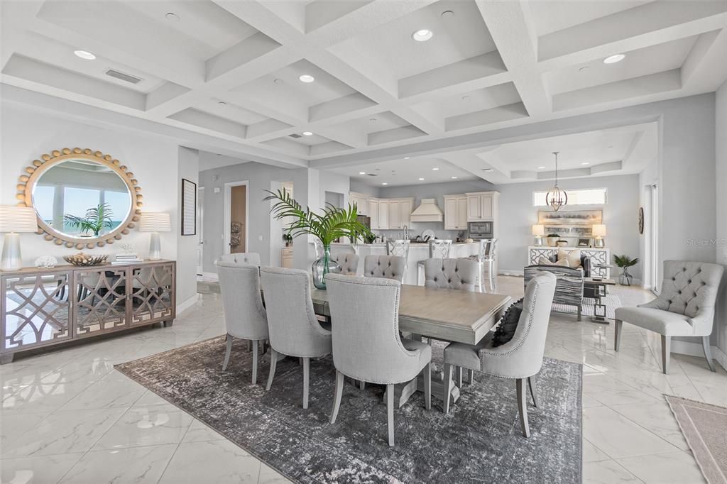 Chandelier, Dining room, Interior, Kitchen, Marble, Pendant Lights, Recessed Lighting, Stainless Steel Appliances