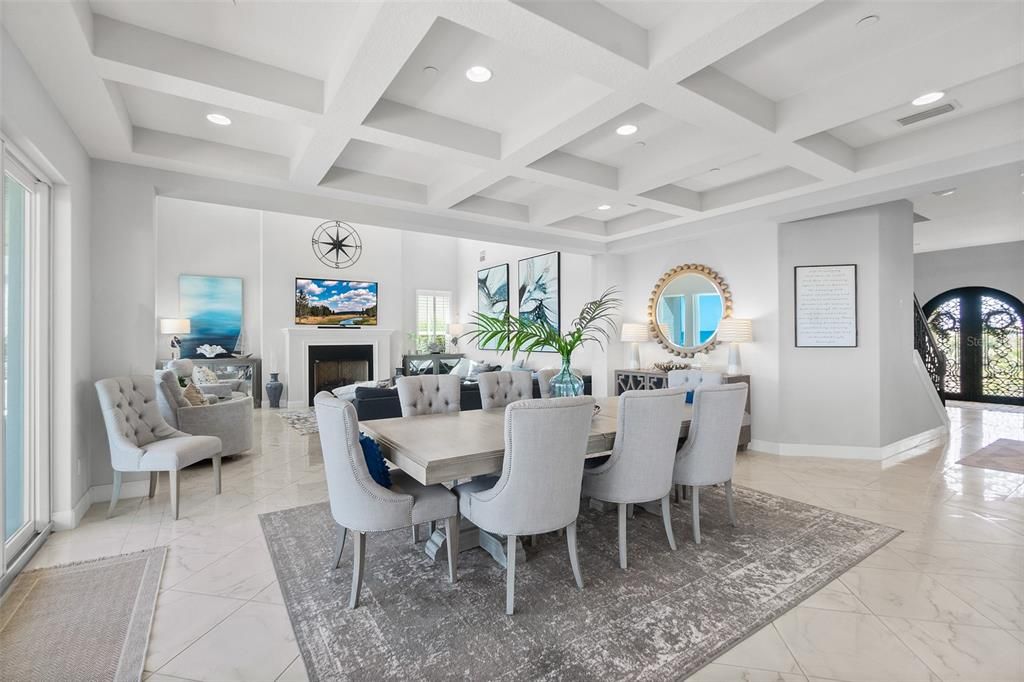 Dining room, Fireplace, Interior, Living room, Marble, Recessed Lighting