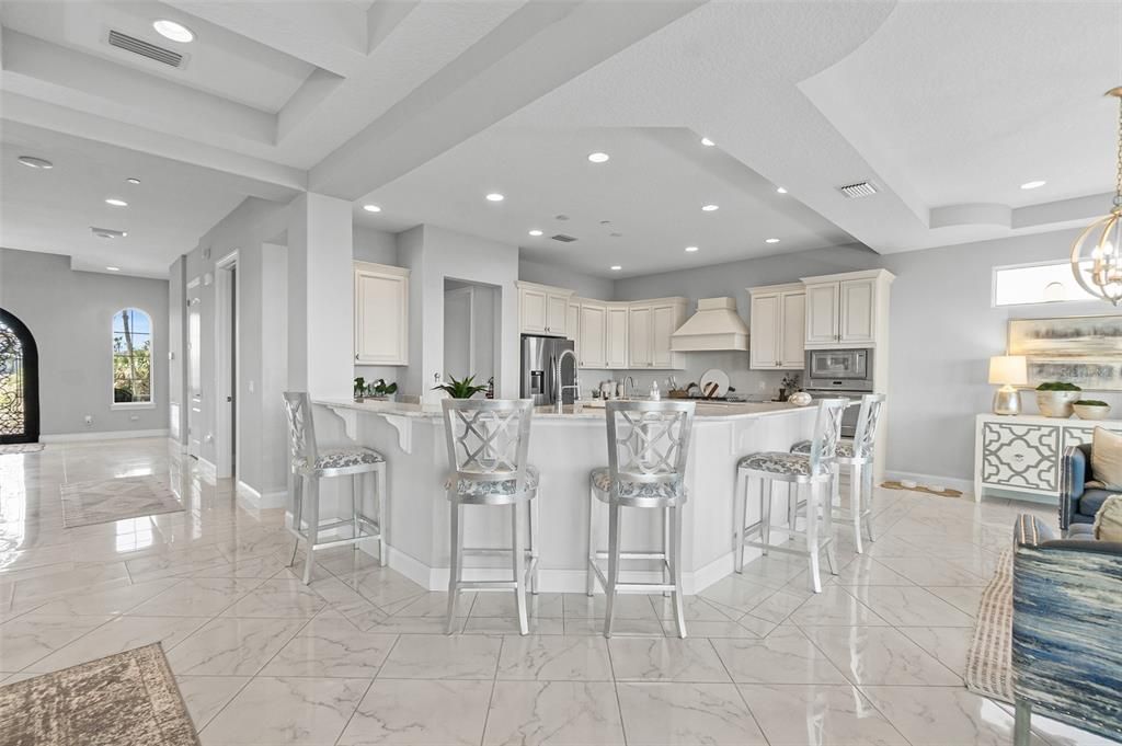 Chandelier, Interior, Kitchen, Marble, Pendant Lights, Recessed Lighting, Stainless Steel Appliances