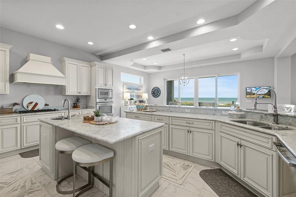 Interior, Kitchen, Marble, Pendant Lights, Recessed Lighting, Stainless Steel Appliances, Water