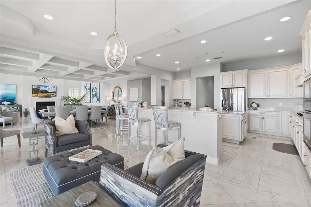 Dining room, Interior, Kitchen, Living room, Marble, Pendant Lights, Recessed Lighting, Stainless Steel Appliances, Water