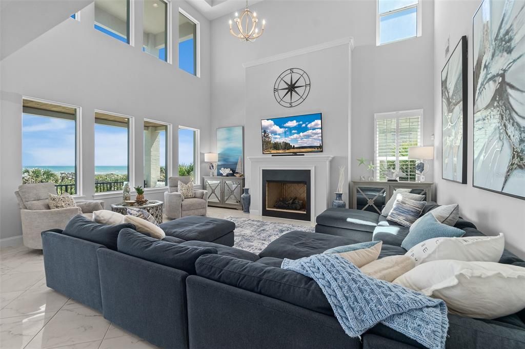 Fireplace, Interior, Living room, Marble, Pendant Lights, Water