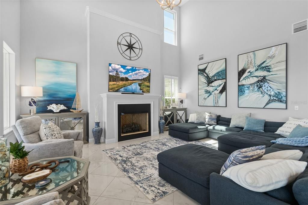 Chandelier, Fireplace, Interior, Living room, Marble