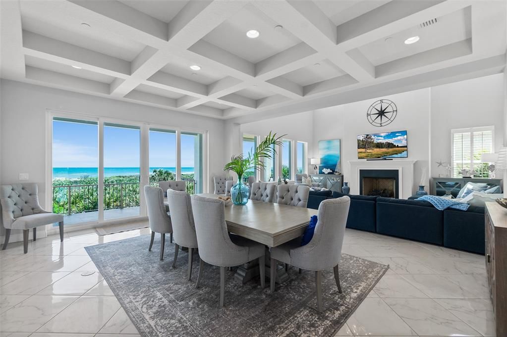 Dining room, Fireplace, Interior, Living room, Marble, Recessed Lighting, Water