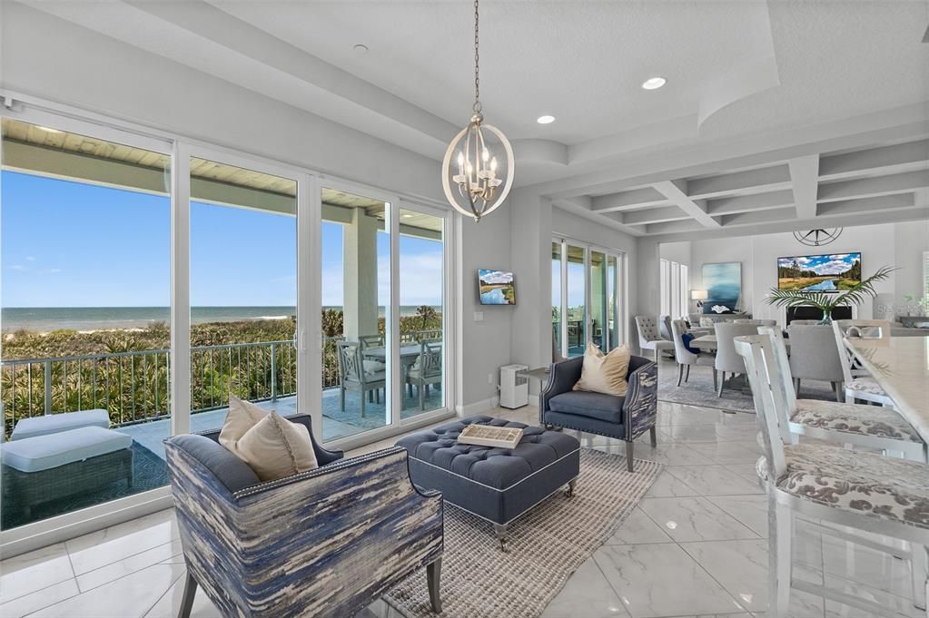 Dining room, Interior, Living room, Marble, Pendant Lights, Recessed Lighting, Water
