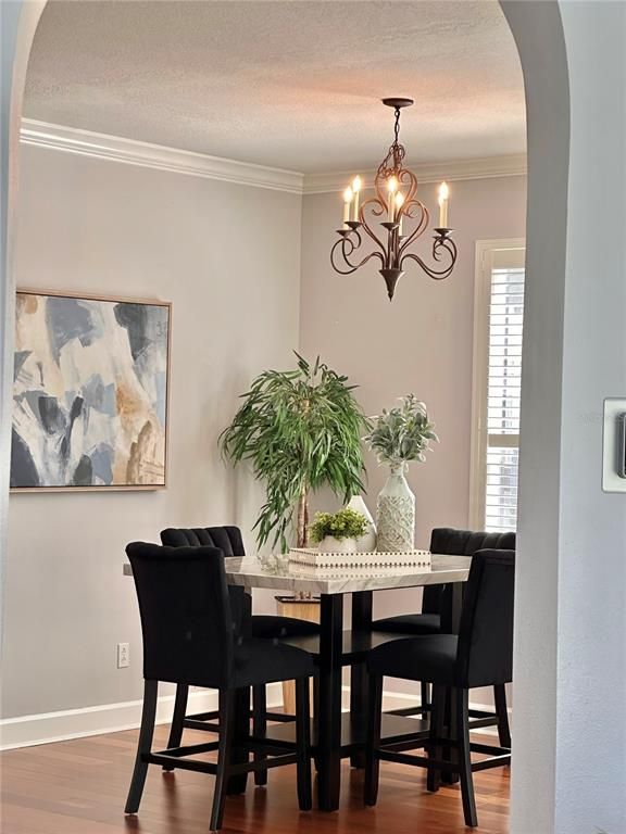 Chandelier, Dining room, Interior, Wood Texture Flooring