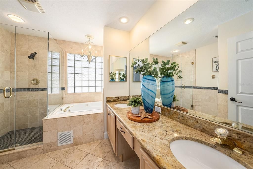 Bathroom, Dual Sink Vanities, Glass Shower, Interior, Recessed Lighting