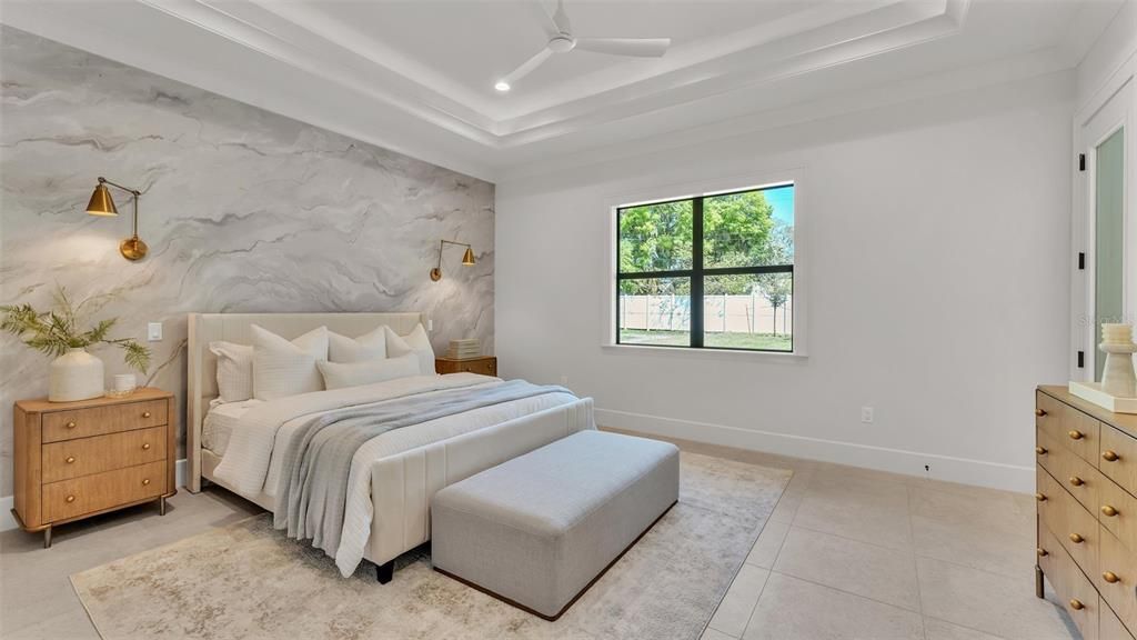 Bedroom, Interior, Marble Walls, Recessed Lighting